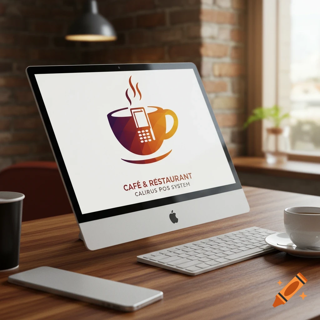 A computer screen on a wooden desk displays a logo for "CAF
        & RESTAURANT CALIRUS POS SYSTEM" in a cafe setting.