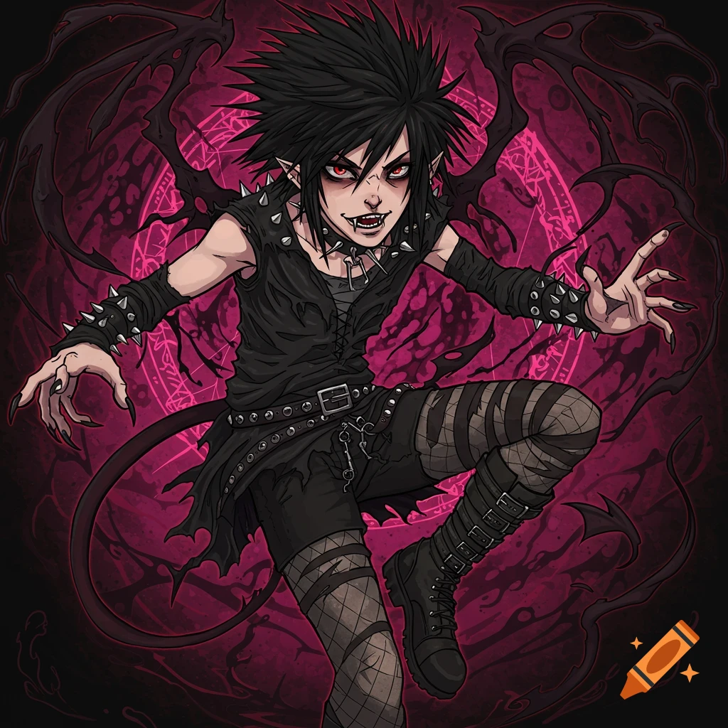 Anime style emo demon character with wings and tail against pink background.