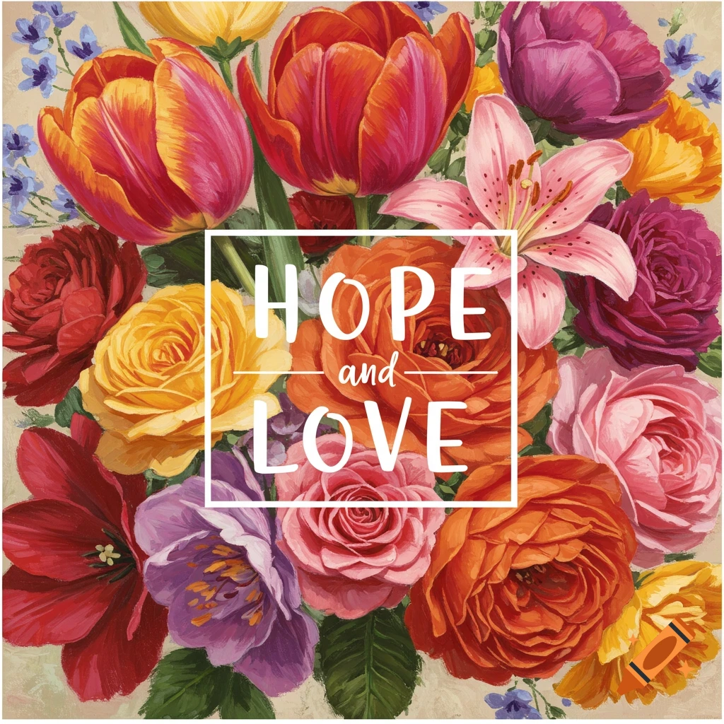 A vibrant bouquet of roses, tulips, and lilies with the text 'Hope and Love'