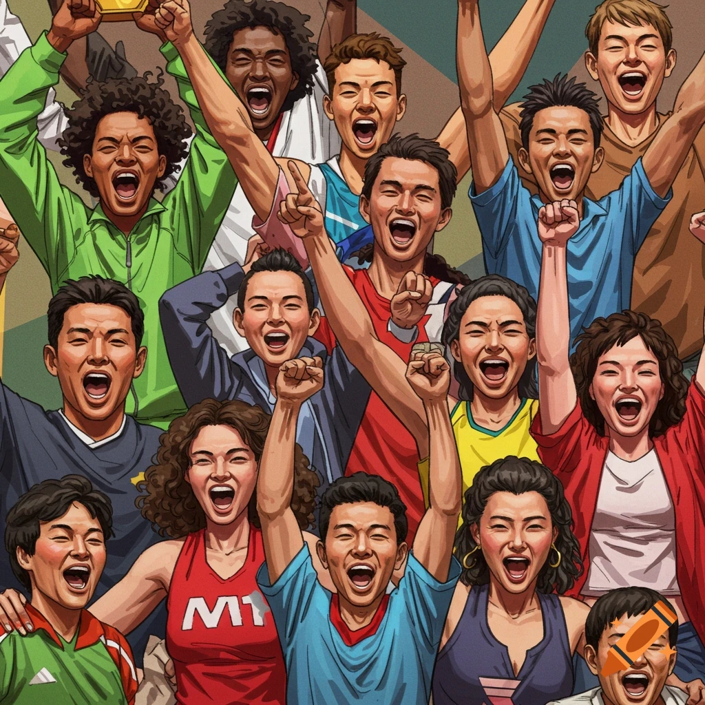 A large group of diverse people cheering and celebrating with their arms raised.