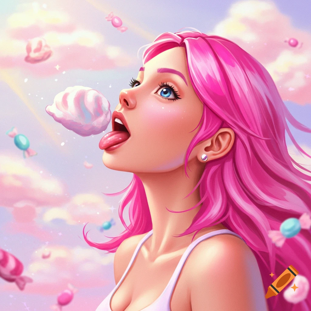 A woman with pink hair is catching a marshmallow with her mouth, surrounded by candy and clouds.
