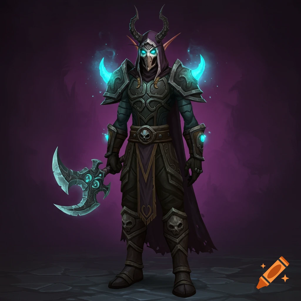 A fantasy character in dark armor with glowing blue eyes and horns holds a crescent axe against a purple background.