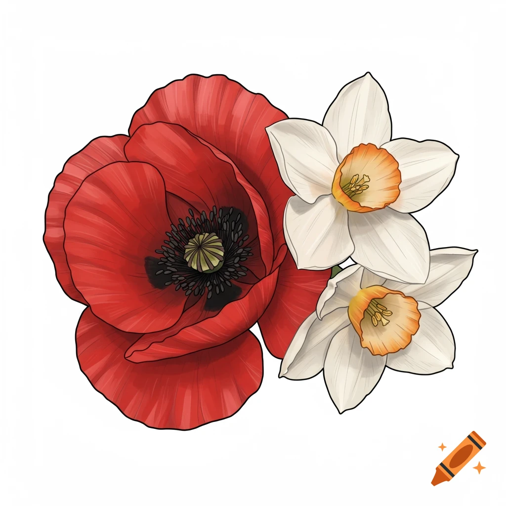 A red poppy and two white narcissus flowers on a white background.