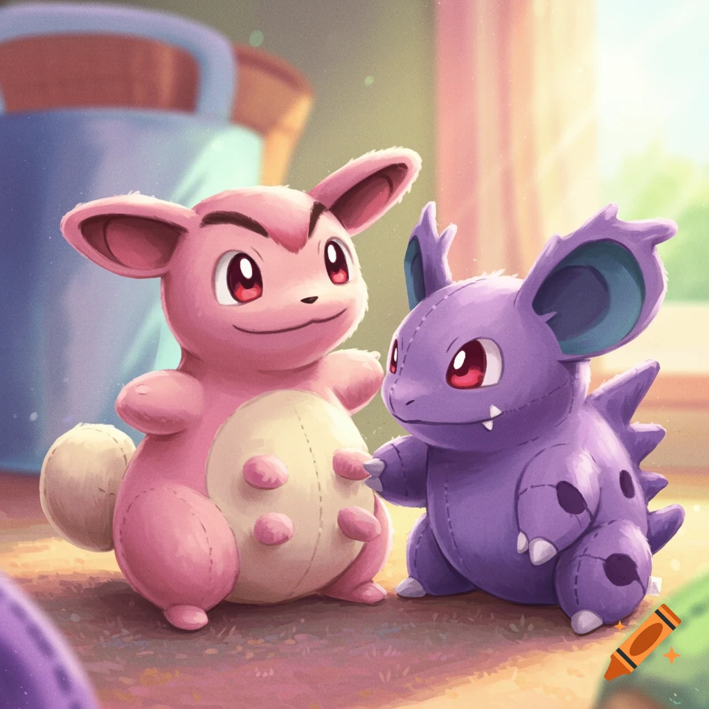 Pink and purple Pokemon plush toys in a playroom setting.