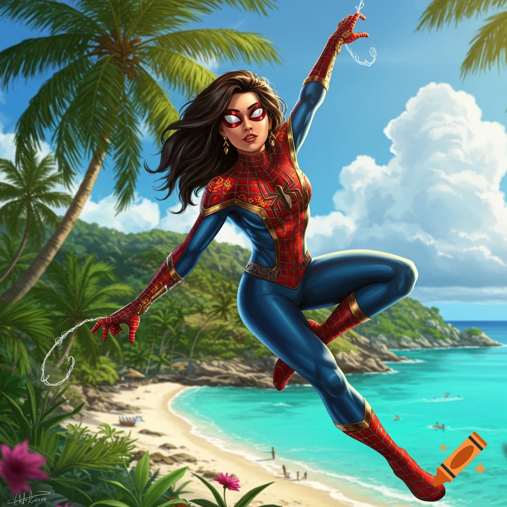 A female Spiderman is swinging over a tropical beach