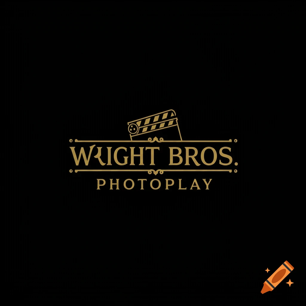 Gold logo with text 'Wright Bros. Photoplay' and a film clapperboard on black background.