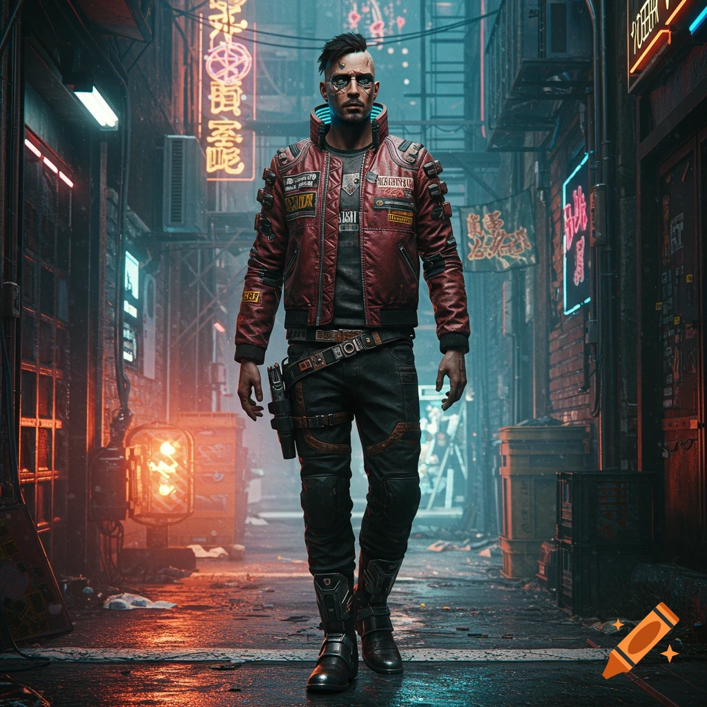 A man in a red jacket stands in a neon-lit cyberpunk alley.