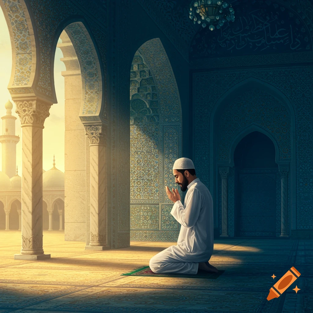 A man kneels on a prayer mat praying in a mosque with ornate architecture and warm light. Digital art.