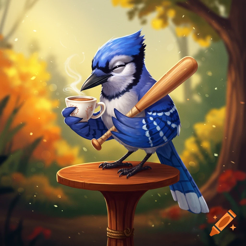 A blue jay drinks coffee and holds a baseball bat on a table in a forest.