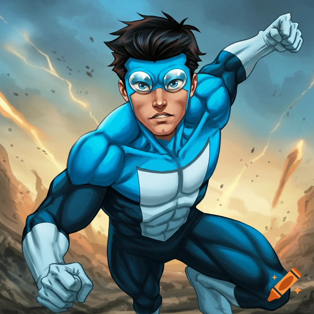 The superhero Invincible is shown flying forward, wearing his distinctive blue and white suit.