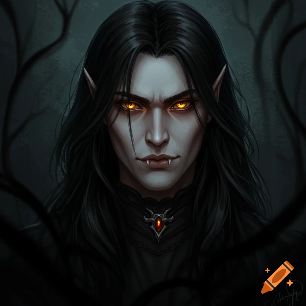 A portrait of a vampire with pale skin, long black hair, glowing yellow eyes, fangs, and pointed ears.