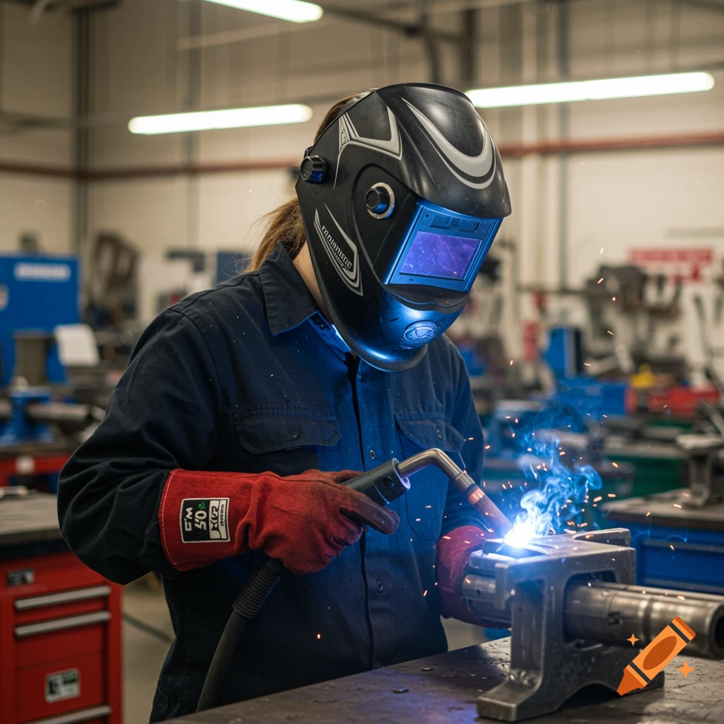 Person in welding helmet and gloves welding in a workshop.