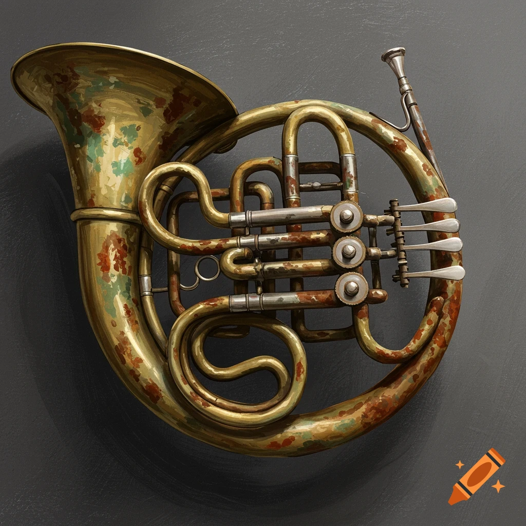 A rusty, corroded french horn.