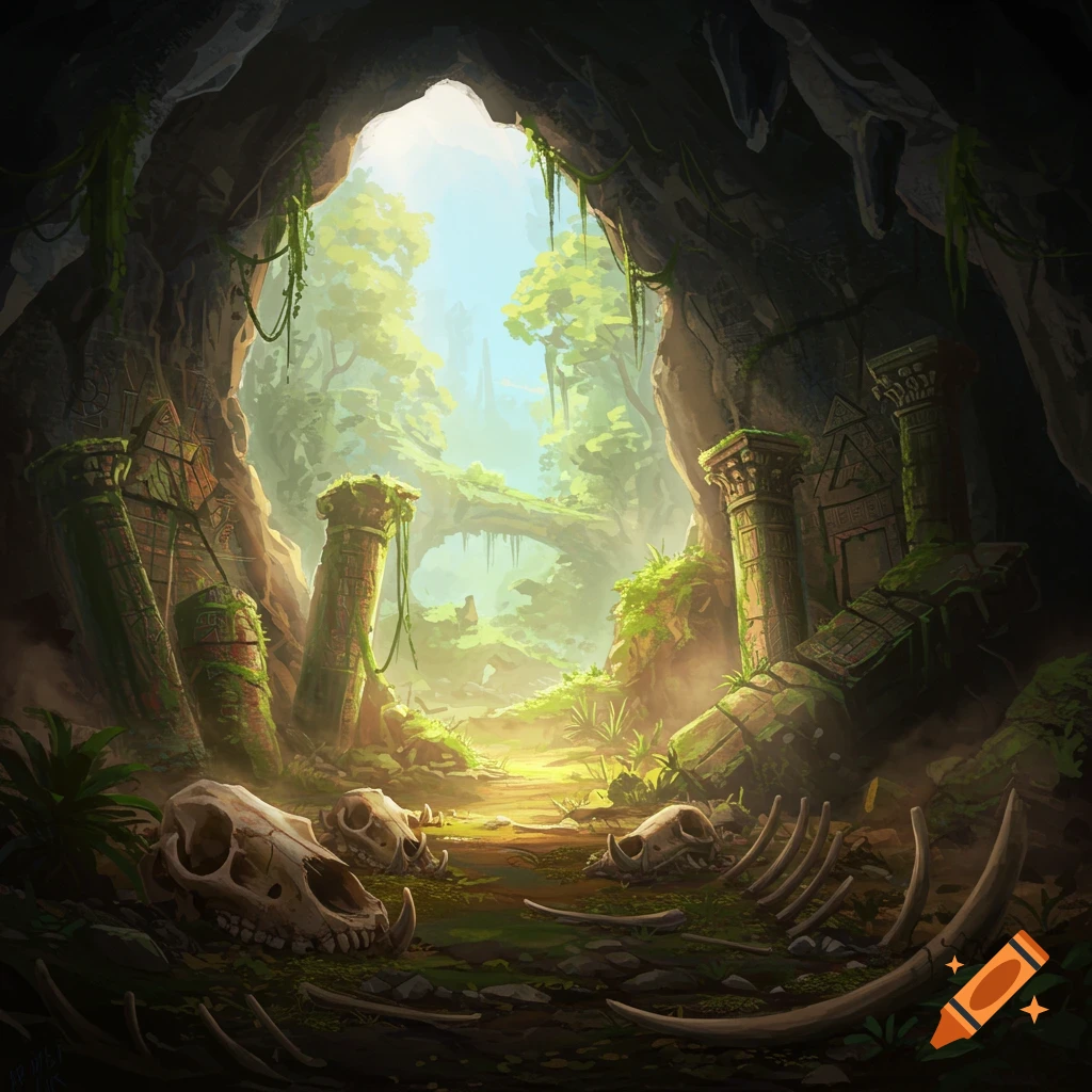 Jungle cave entrance with ancient ruins, bones, and skulls on the ground.