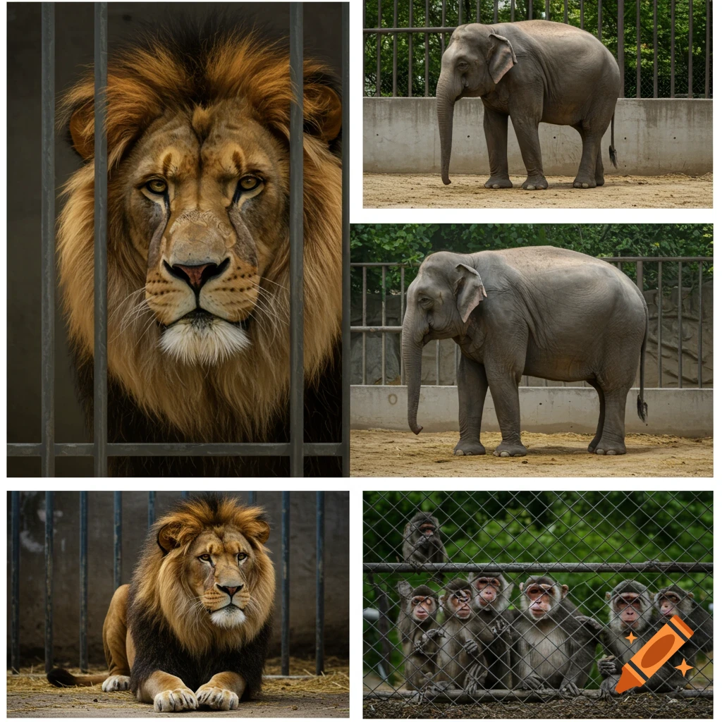 Collage of zoo animals: a lion behind bars, elephants in an enclosure, and monkeys behind mesh.
