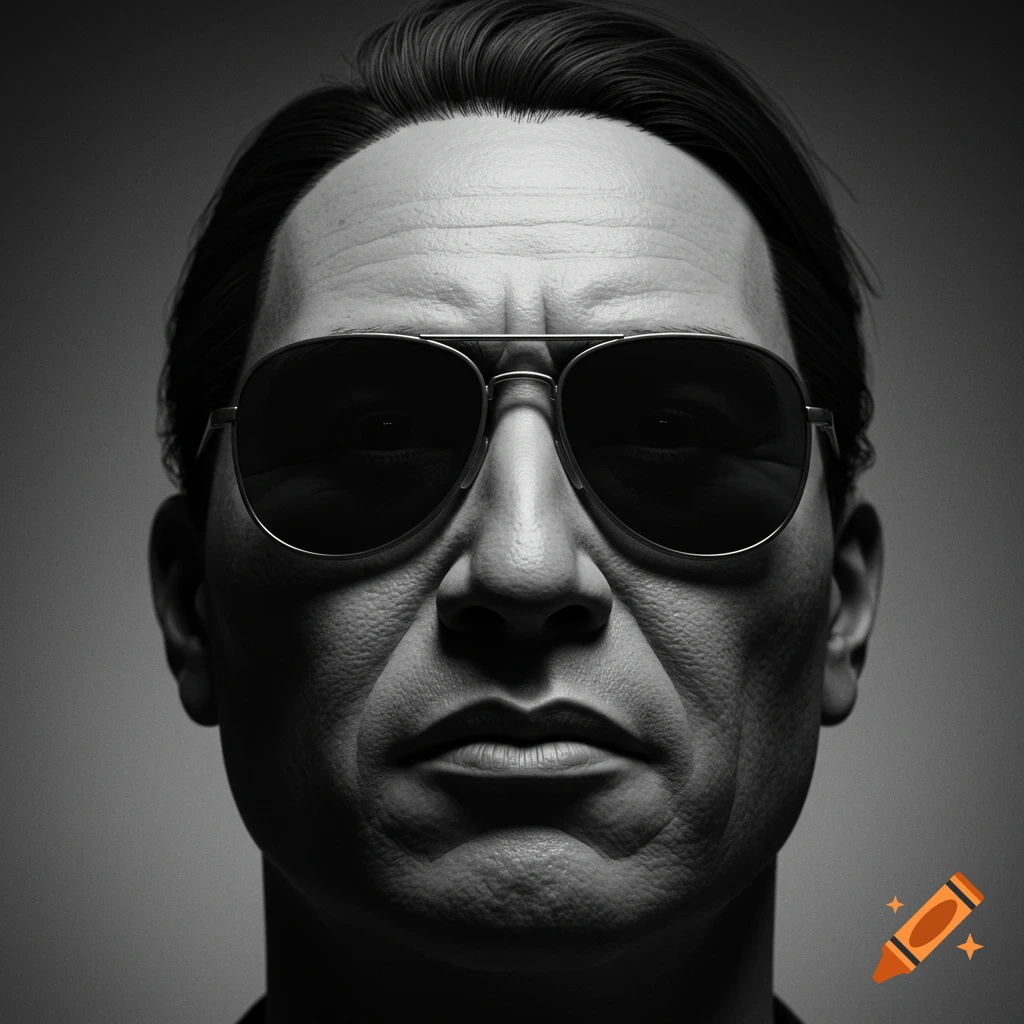 Black and white close-up portrait of a man wearing aviator sunglasses.