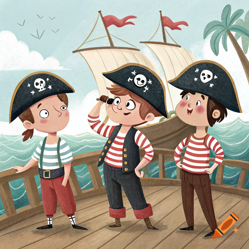 Three cartoon boys dressed as pirates on a ship deck, one looking through a spyglass.