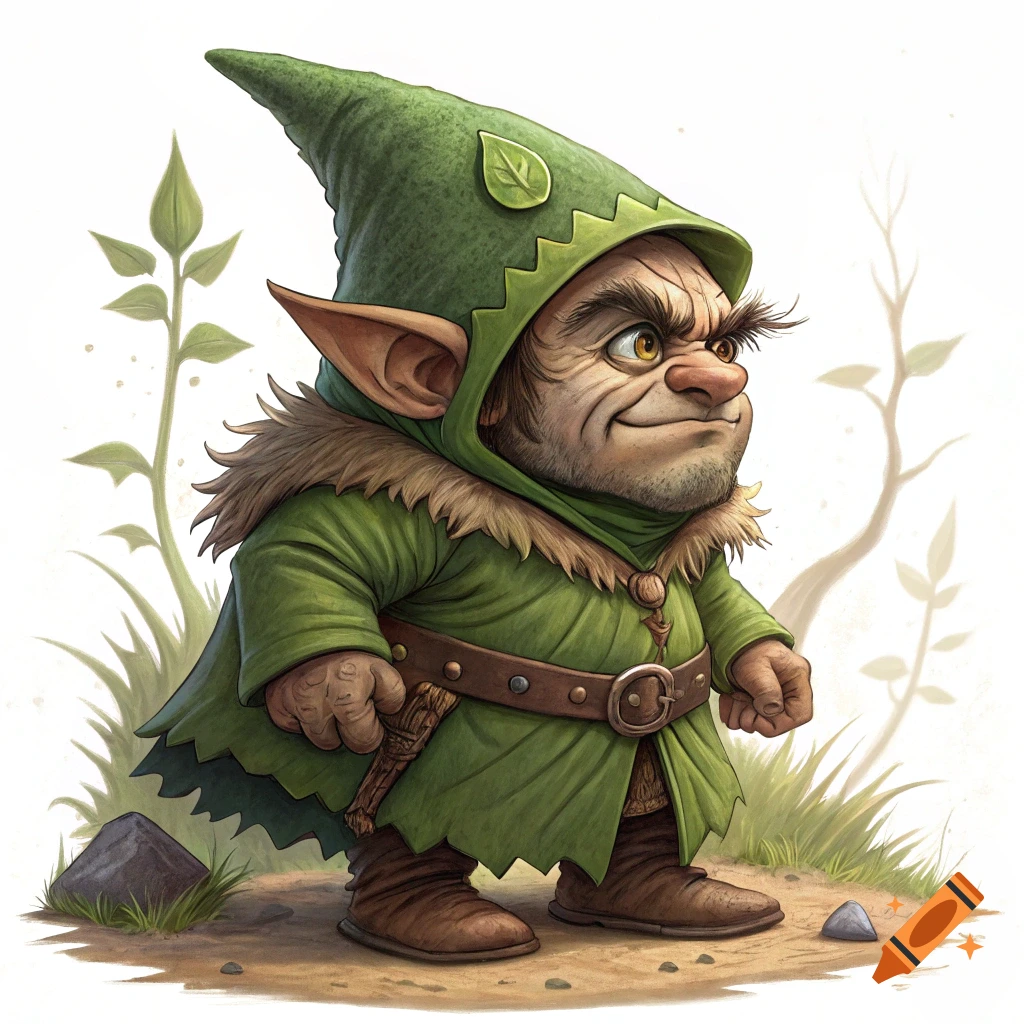 A grumpy-looking goblin in a green hooded cloak stands in grass.