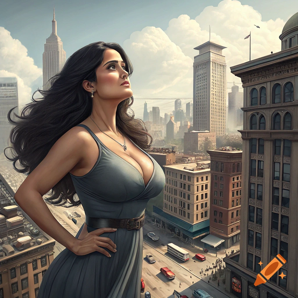 A large woman, like a giantess, stands over a city skyline, looking up at the sky.