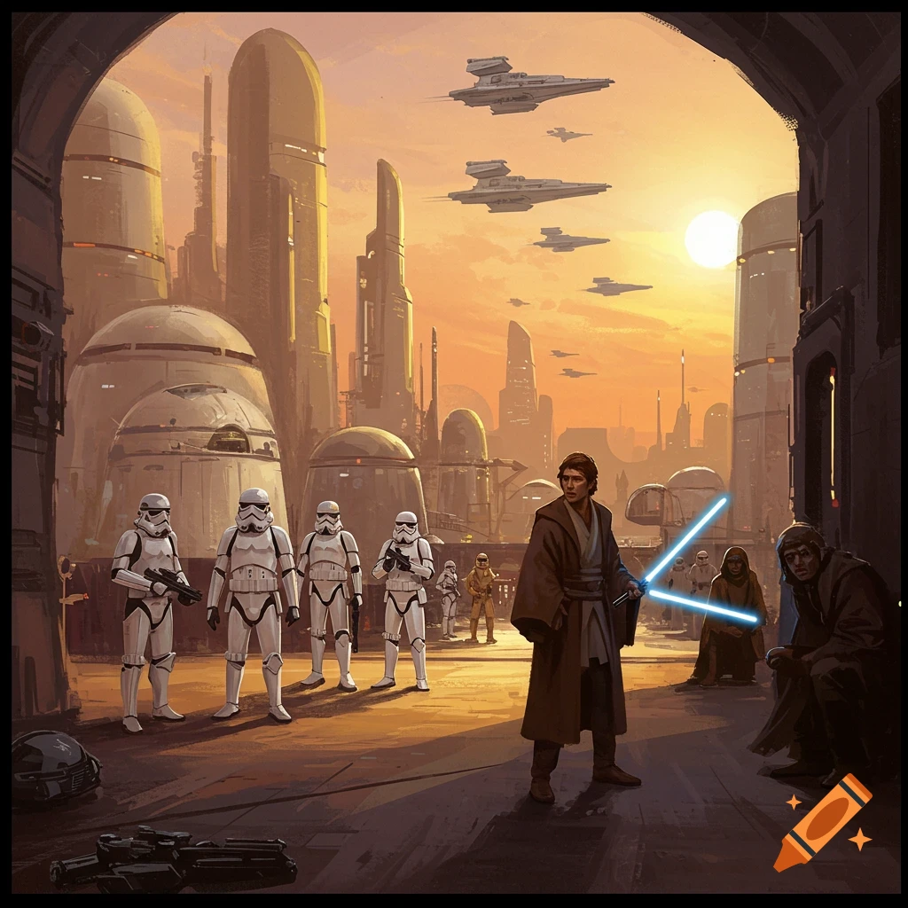 Star Wars characters, including Stormtroopers and a figure with a lightsaber, in a desert city at sunset with spaceships flying.