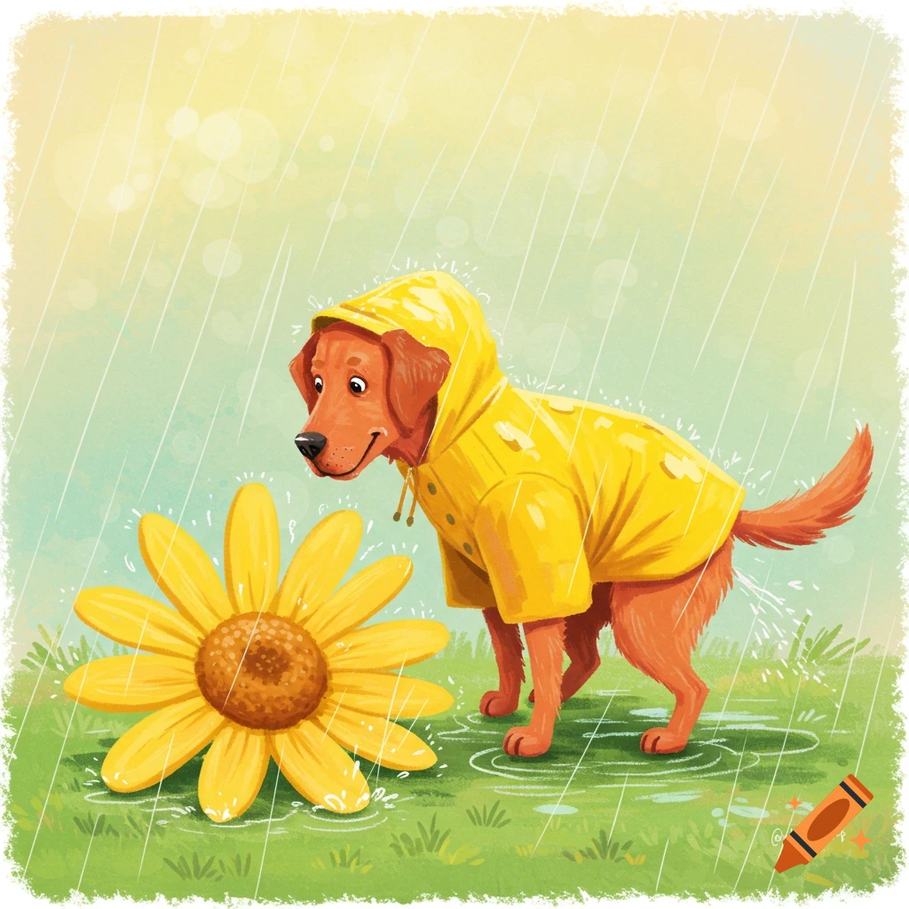 A red dog wearing a yellow rain jacket looks at a yellow flower in the rain.