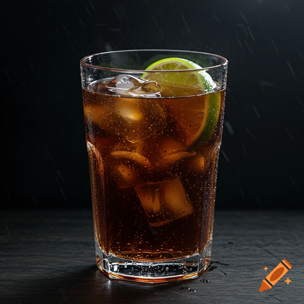 Close-up shot of a glass with a dark drink, ice, and lime wedge, with rain falling.
