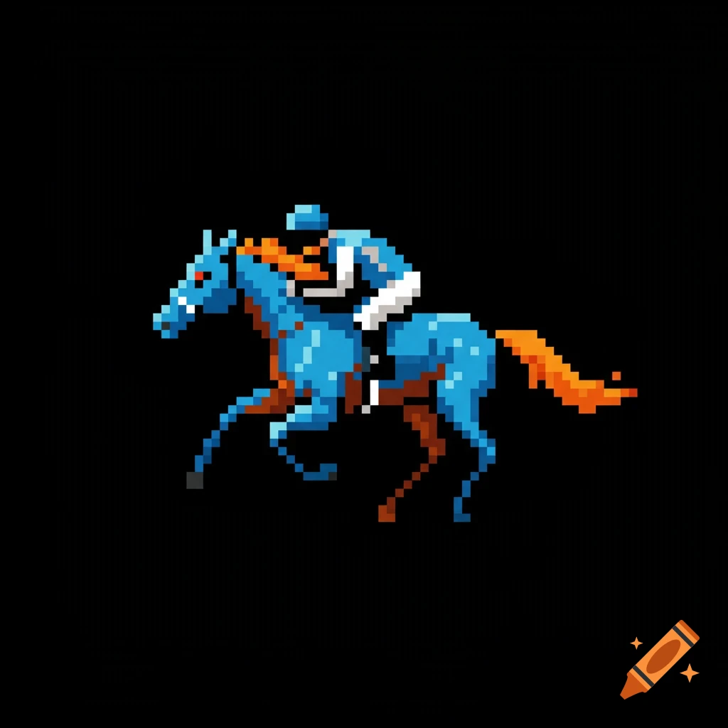 Pixel art racehorse and jockey