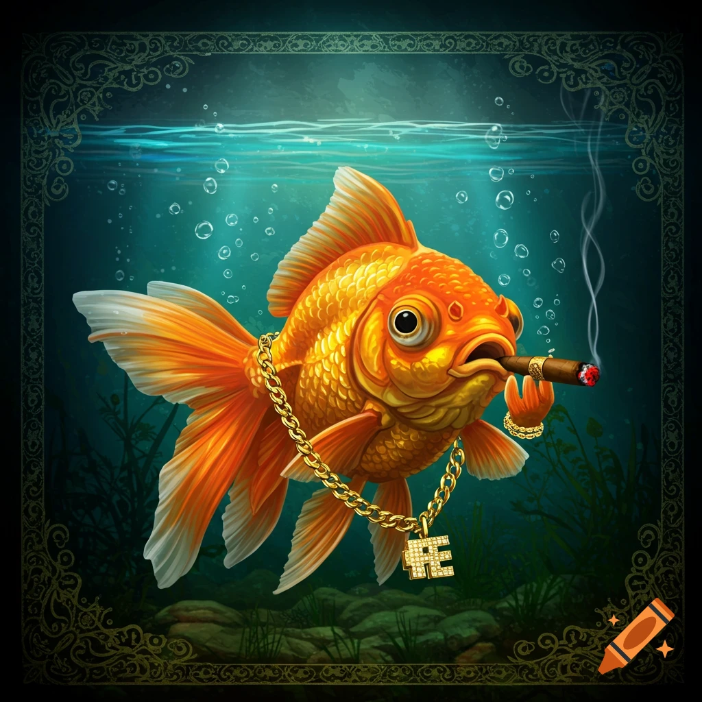 A goldfish wearing a gold chain and holding a cigar underwater.