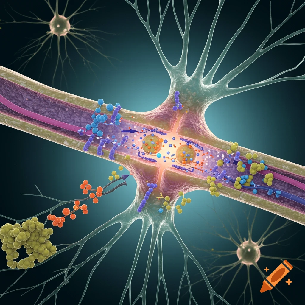 3D illustration of a synapse showing neurotransmitter transfer between neurons