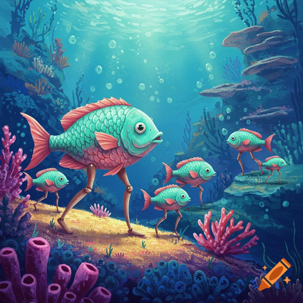 Fish with legs walk on the ocean floor among coral.