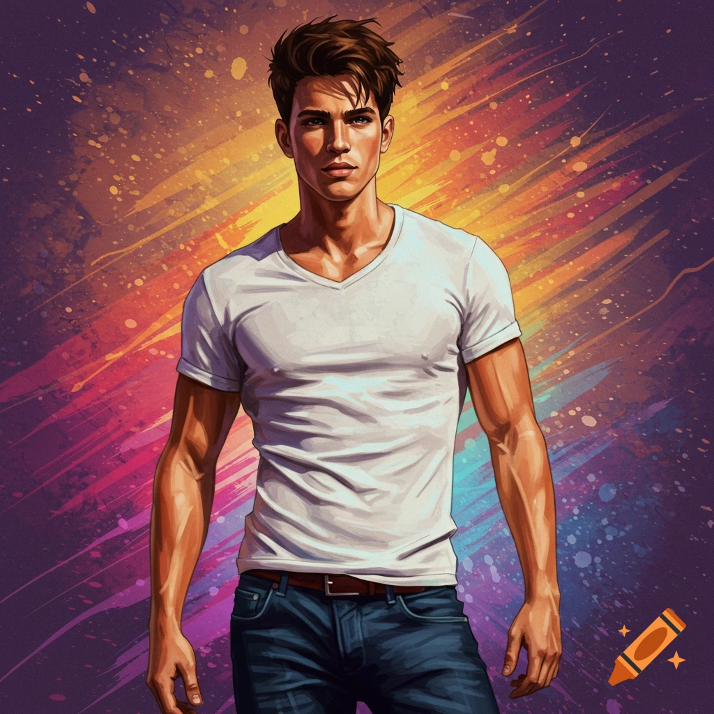 A man in a white t-shirt and jeans against a colorful, abstract background.
