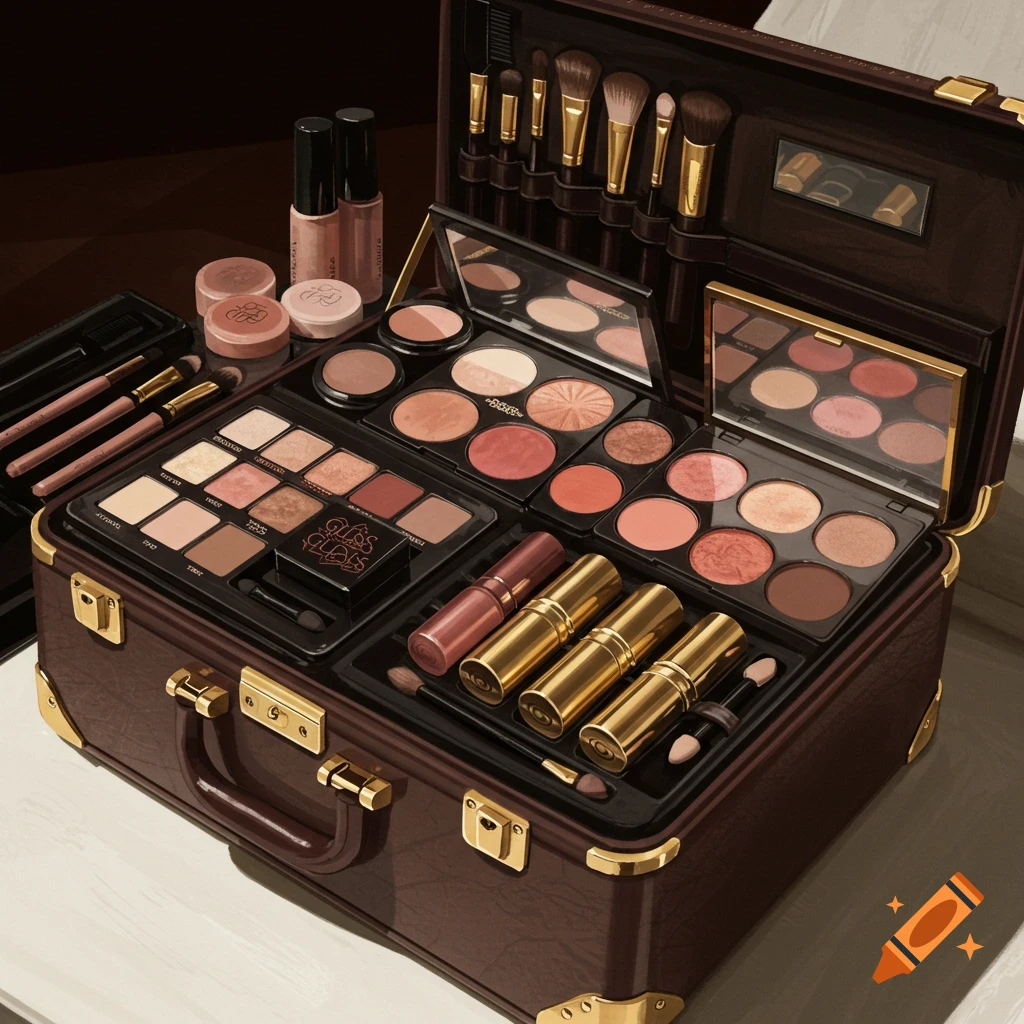 An open luxury makeup kit filled with eyeshadows, blush, lipsticks, and brushes.