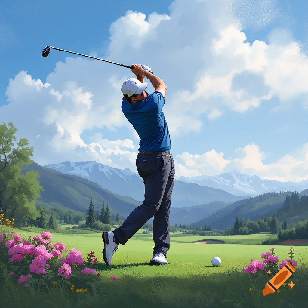 A golfer swings a club on a scenic course with mountains in the background.