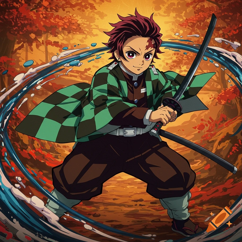 Anime character Tanjiro Kamado holding a sword with water effects in an autumn forest.