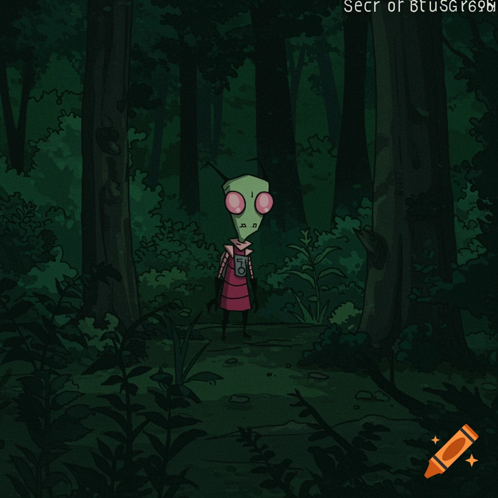 Cartoon character Gir in a dark forest, styled like grainy trail camera footage