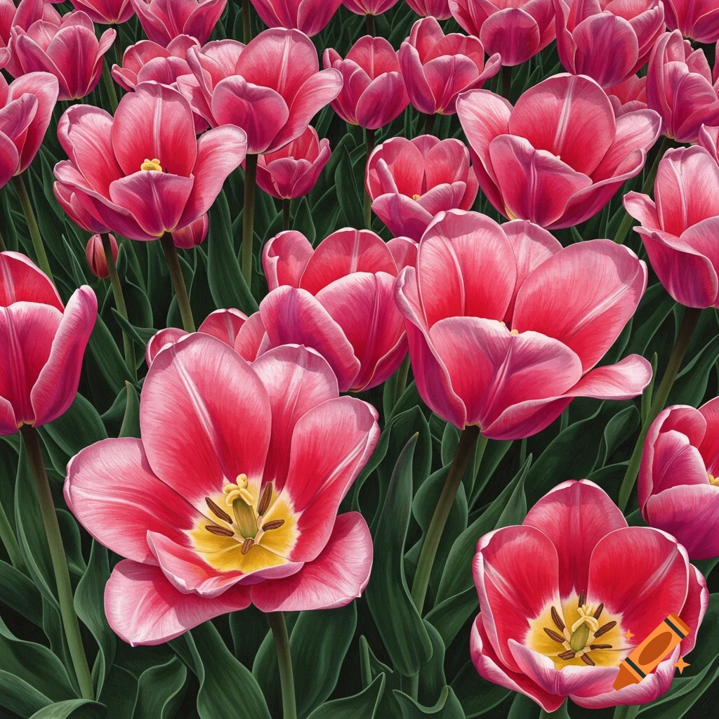 A close-up of many pink tulips with green leaves.