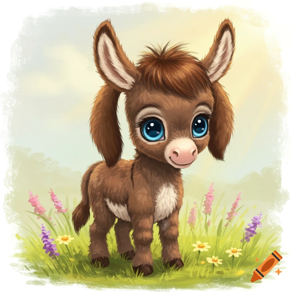 A cute baby donkey with big blue eyes is standing in a field of grass and flowers.