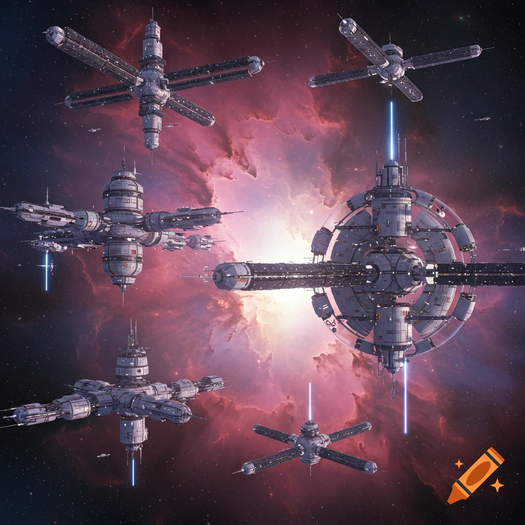 Multiple space stations and ships in front of a colorful nebula.