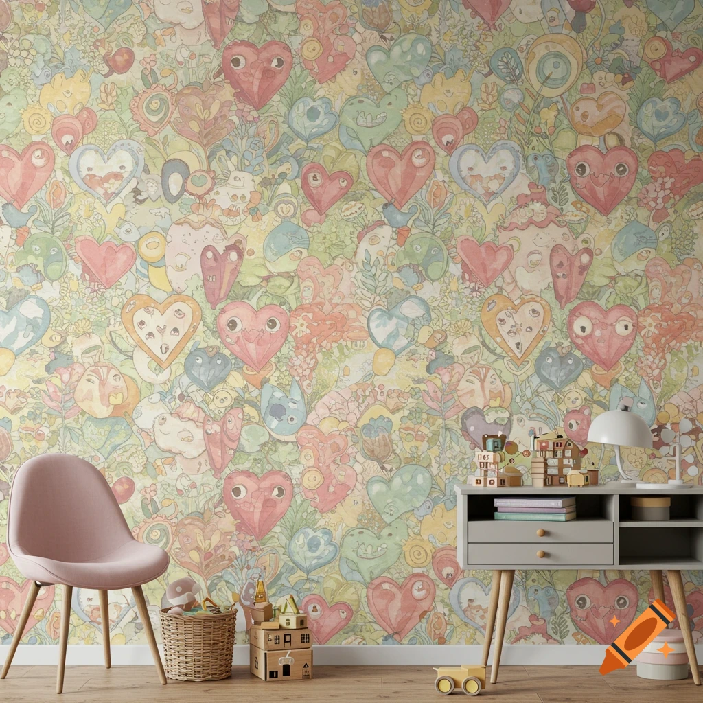 Room with whimsical heart and creature wallpaper, pink chair, grey cabinet, and toys in Studio Ghibli style illustration.