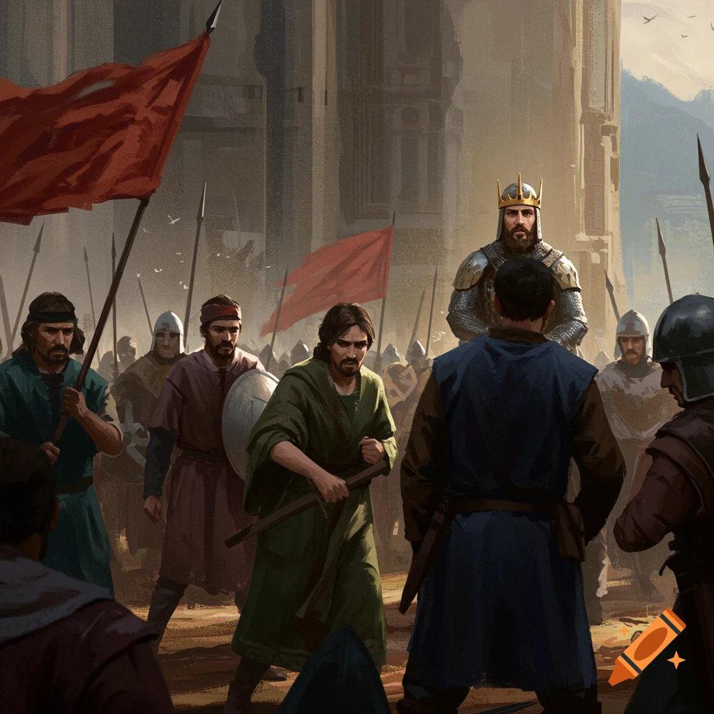 A king with soldiers gathering before a battle.