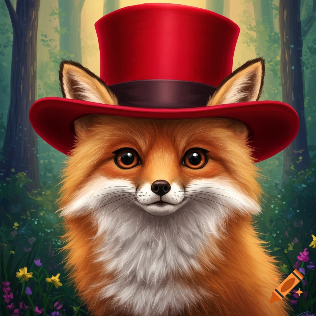A cute depiction of a fox wearing a red top hat in a forest.