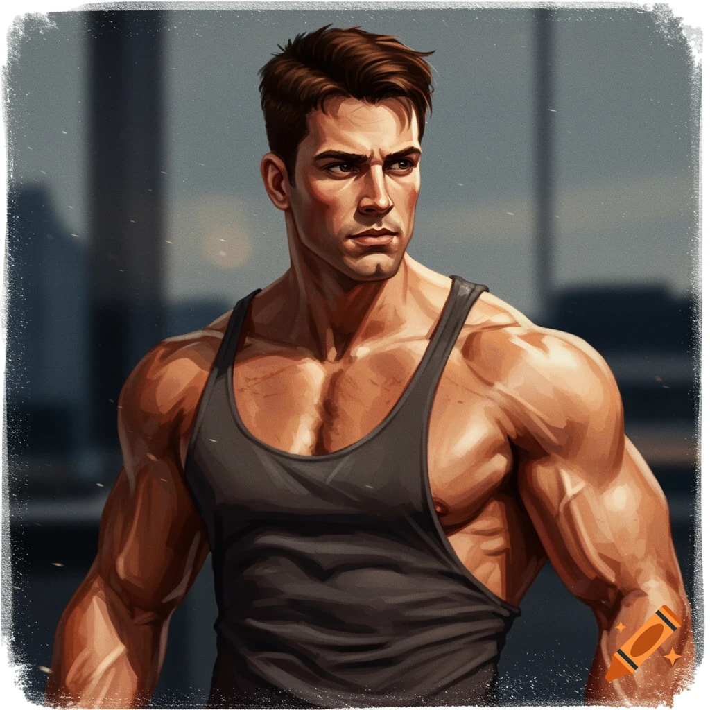 A muscular man wears a tank top.
