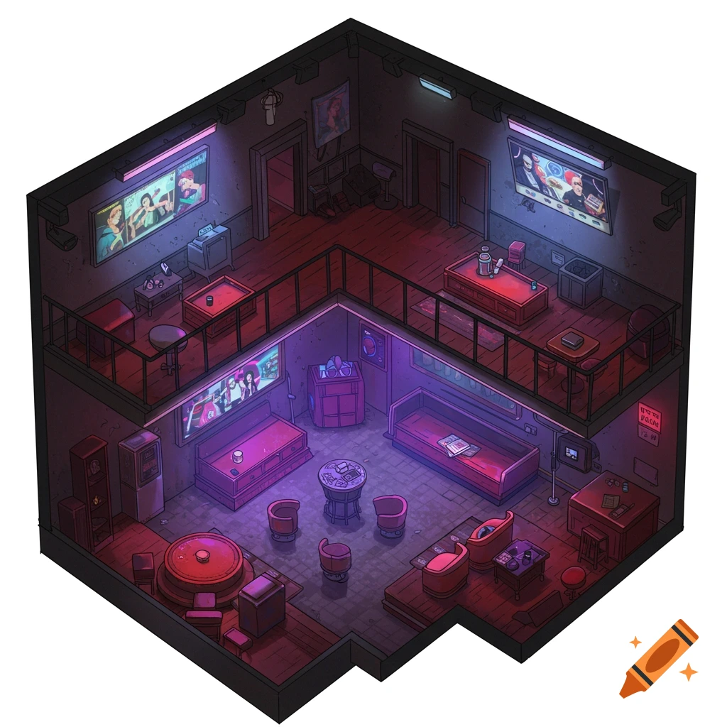 Isometric image of an 80s Miami underground nightclub interior with two floors and red/purple lighting.