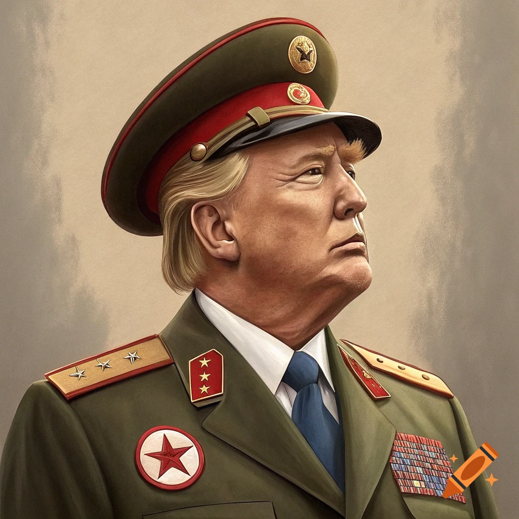 Portrait of Donald Trump wearing a military uniform with medals and a cap