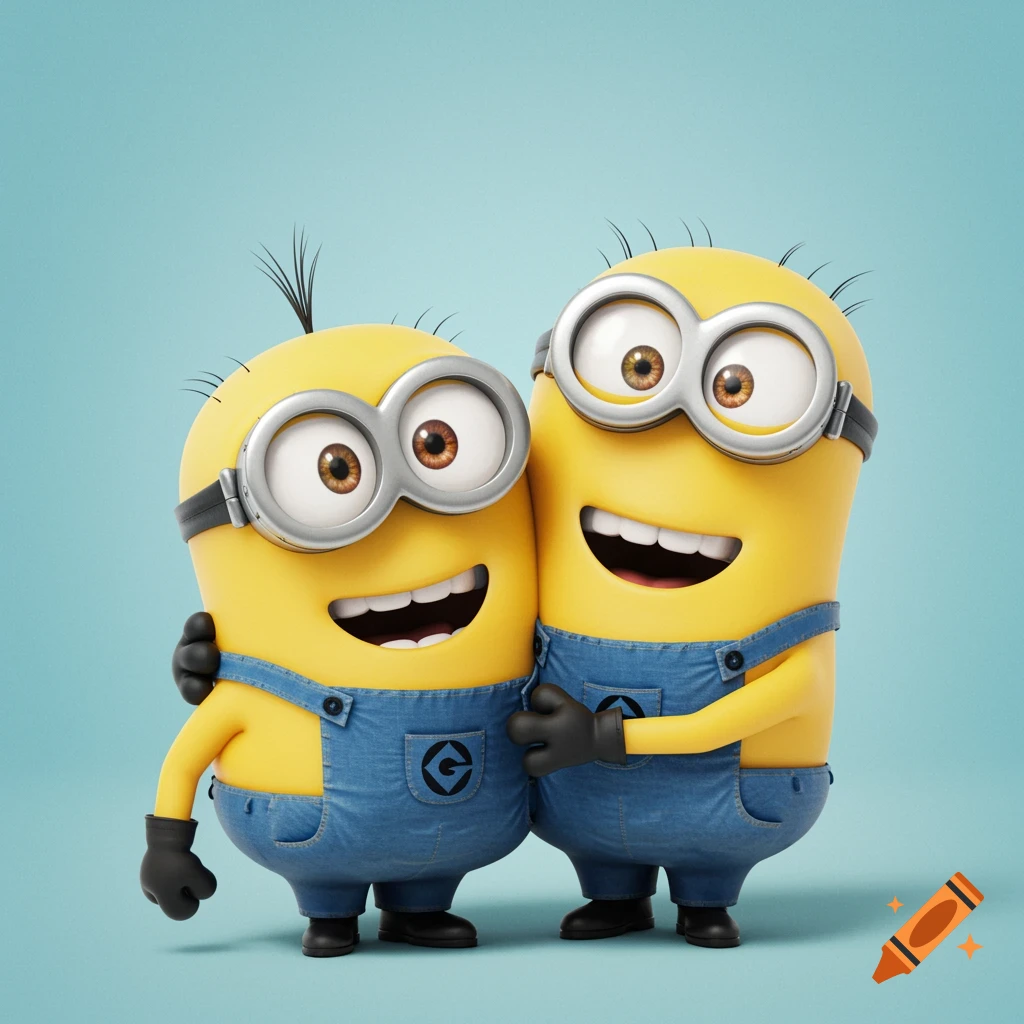 Two cheerful Minions in overalls and goggles hug and smile on a blue background.