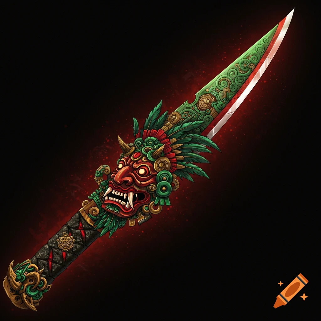 A decorative Aztec demon katana with red and green details