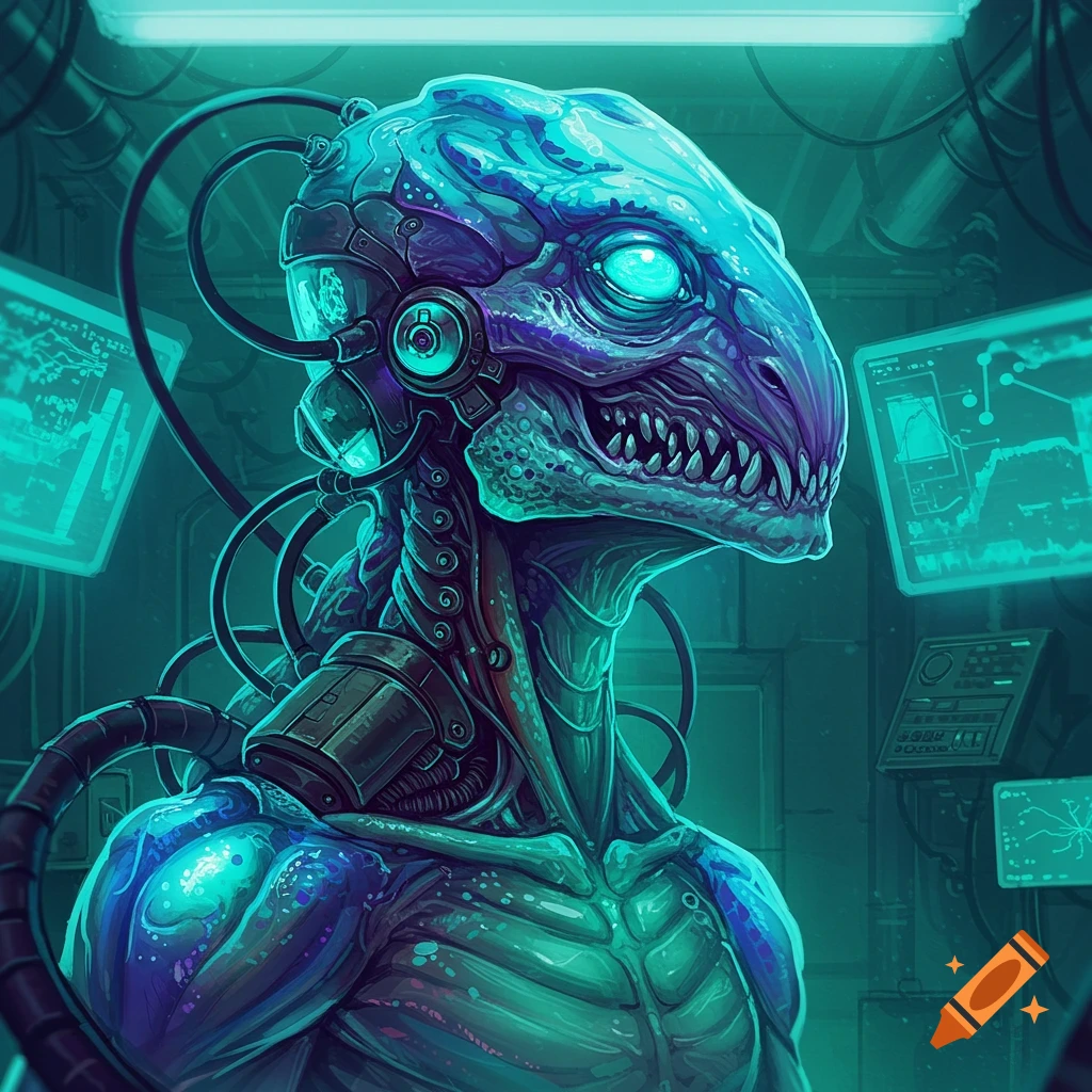 A blue and purple cyborg reptilian creature is in a lab with glowing monitors.