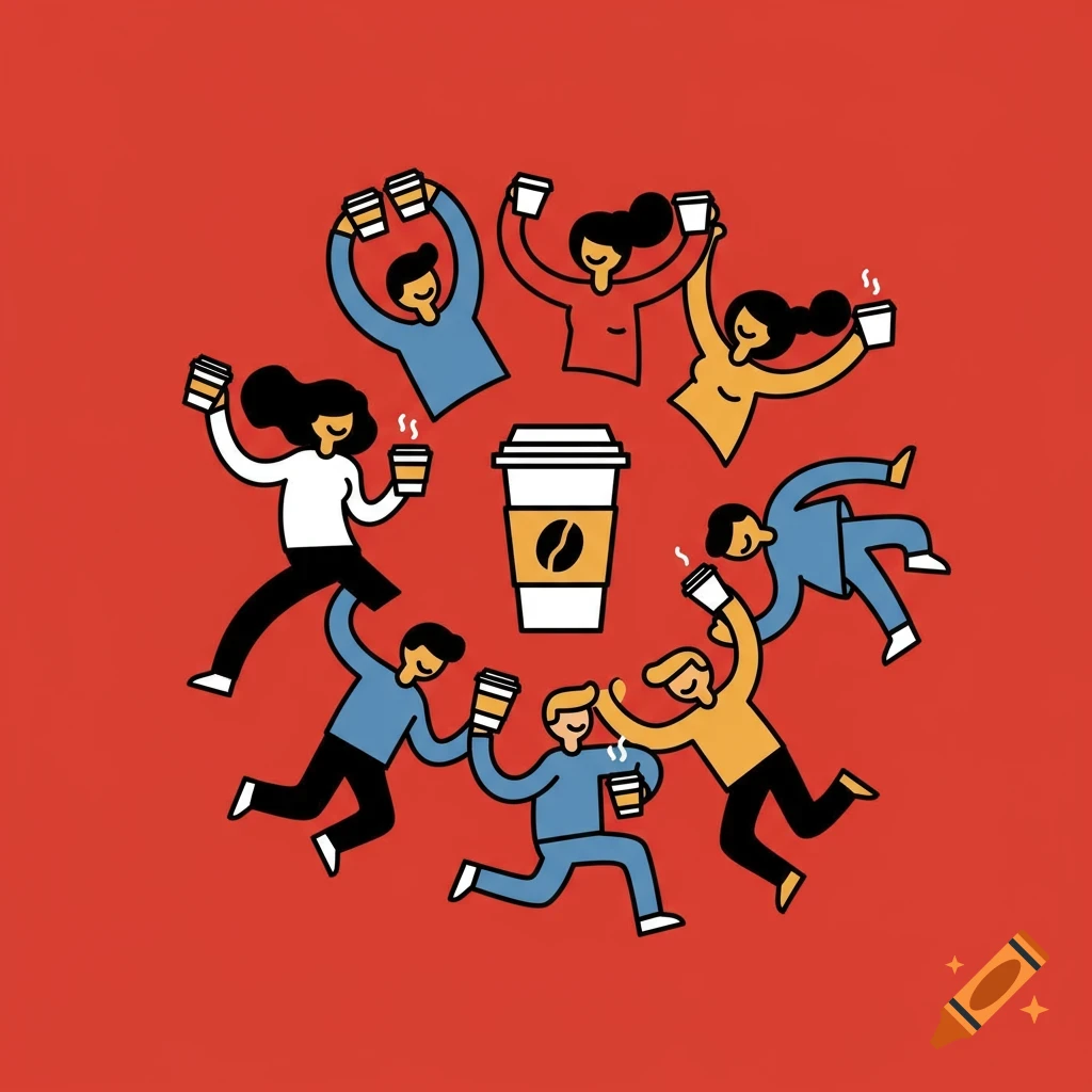 Cartoon illustration of people holding coffee cups in a circle around a coffee logo on a red background.