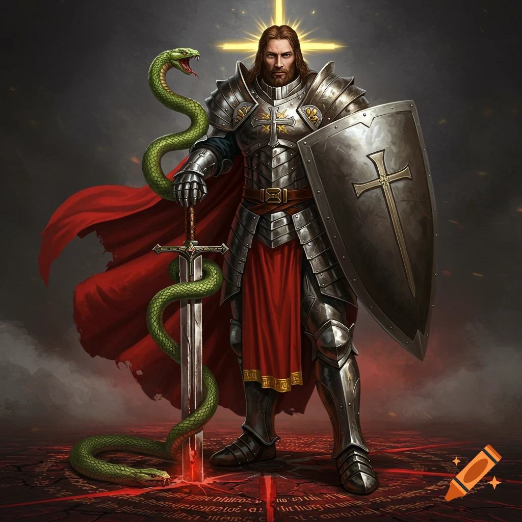 A warrior in futuristic armor holding a sword and shield, with a large green snake coiled around the sword.