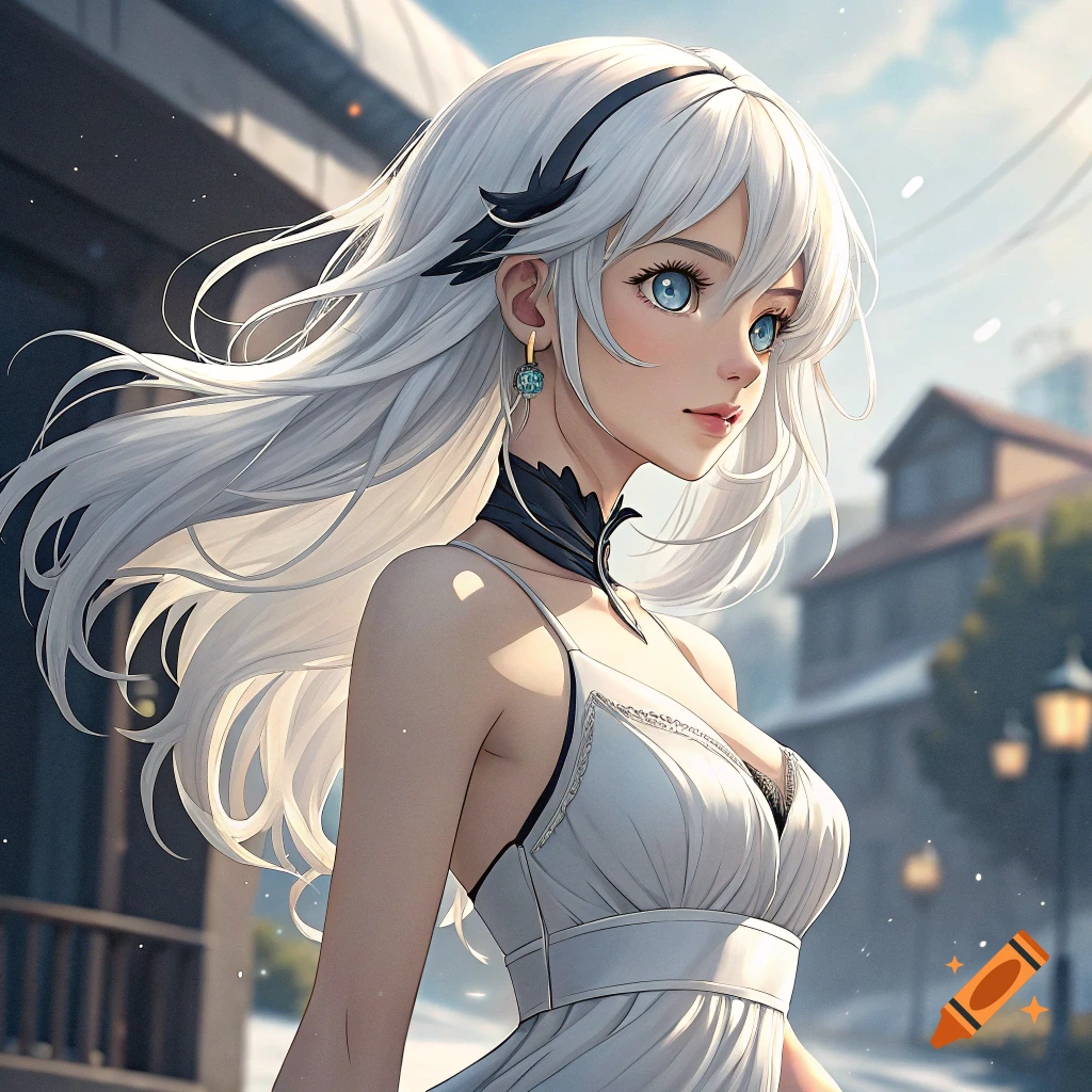 Anime girl with white hair and blue eyes in a white dress on a street.